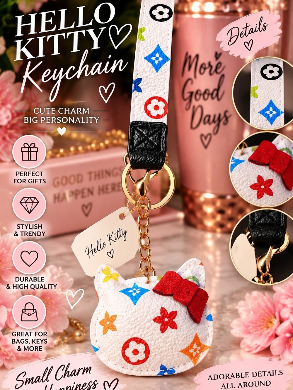 Hello Kitty White Floral Keychain Charm with Red Bow!!